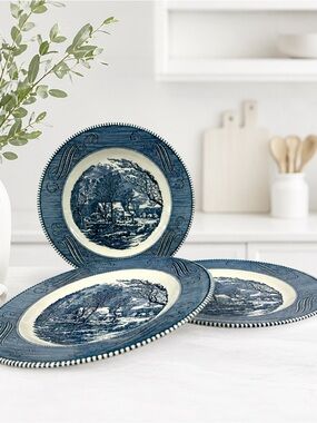 Royal China Currier & Ives Dinner Plates Old Grist Mill Blue Set Of 3 Vintage